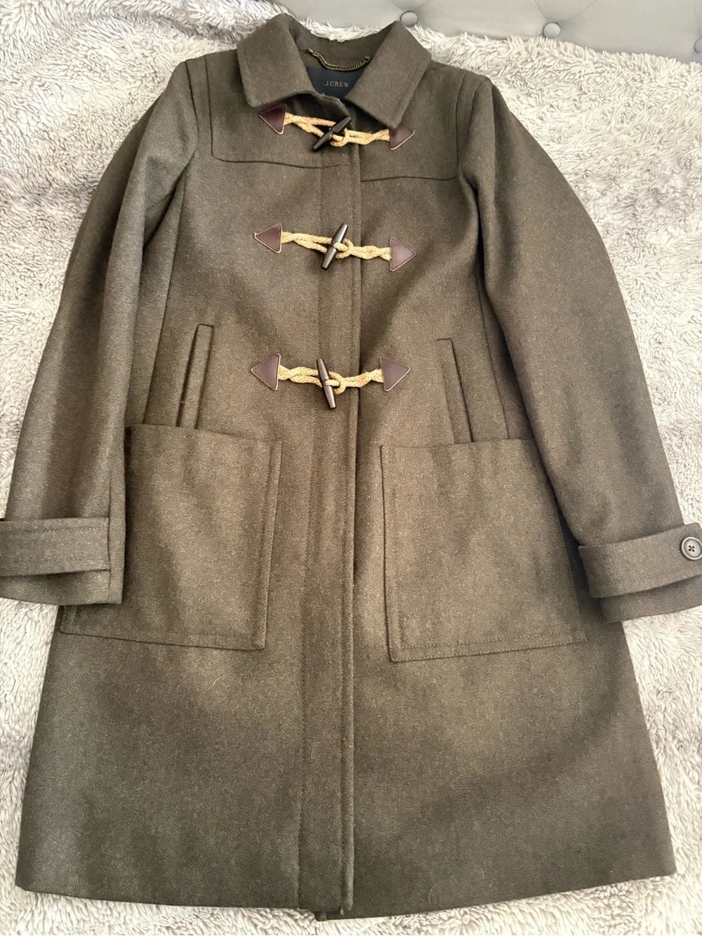 J. Crew Olive Green Hooded Wool-Blend Pea Coat with Toggle Closures - Picture 3 of 12